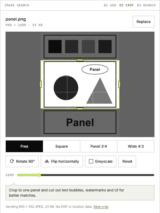 The MangaTrace image tool with a test page loaded and the crop box resized to frame one panel