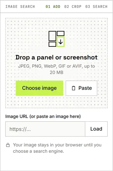 MangaTrace on a phone before an image is added: a drop zone with Choose image and Paste buttons and an image URL box