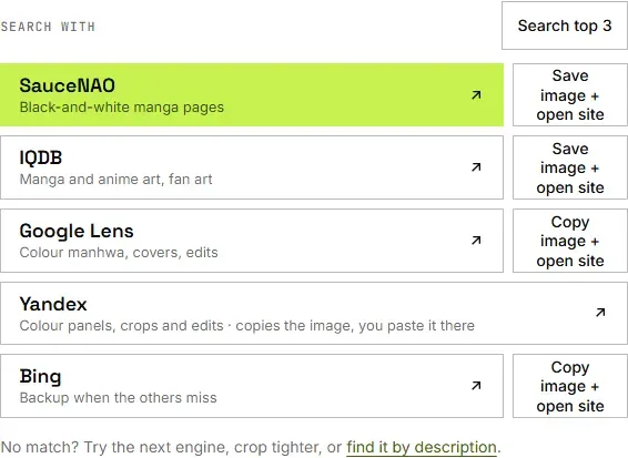 The MangaTrace engine list: SauceNAO, IQDB, Google Lens, Yandex and Bing, each with a note on what it is best for
